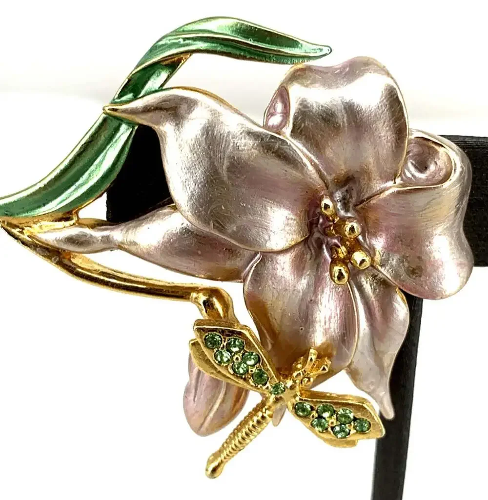 A.S. Brooch Enamel Flower Green Rhinestones Dragonfly 2